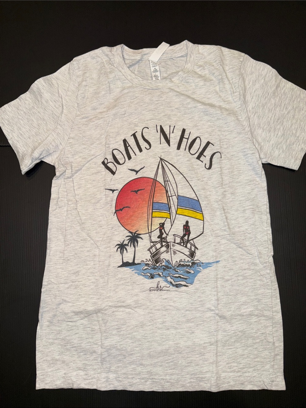 Bella Canvas Light Gray 'Boats 'N' Hoes' Graphic Tee with Red and Blue Accents